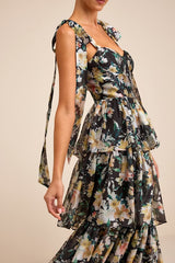 Svea Black Floral Tiered Tie-Strap Midi Dress