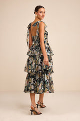 Svea Black Floral Tiered Tie-Strap Midi Dress