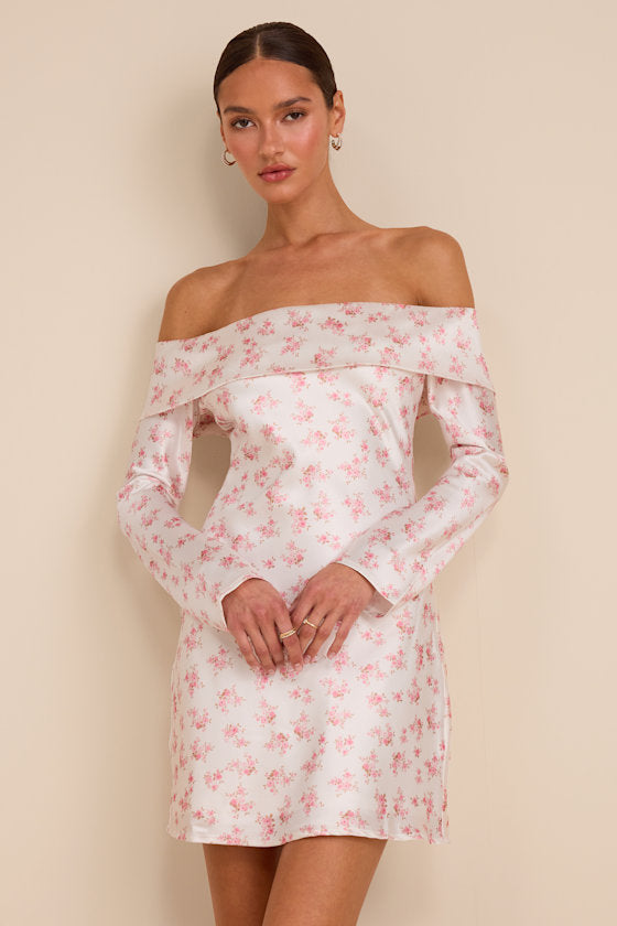 Luxurious Vision White Floral Satin Off-the-Shoulder Mini Dress