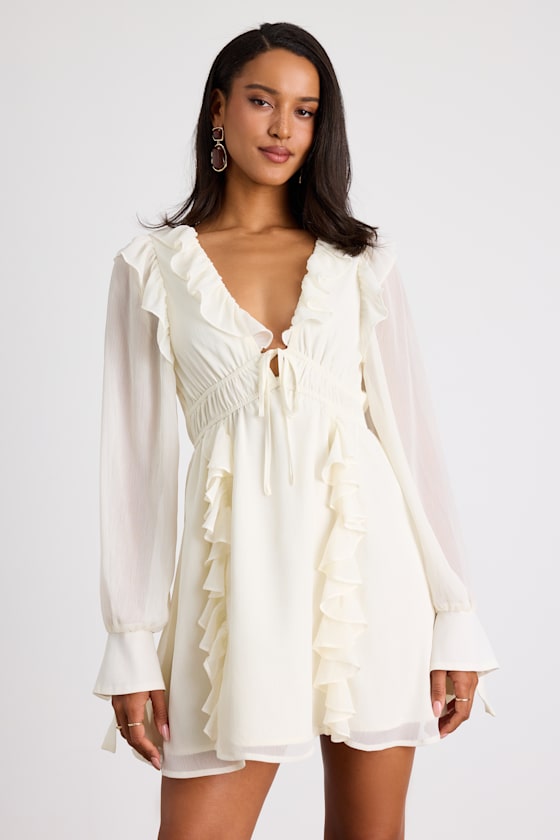 Haida Cream Ruffled Long Sleeve Mini Dress