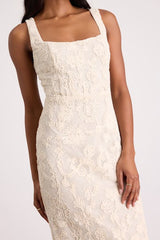 Larine Cream Abstract Floral Embroidered Midi Dress