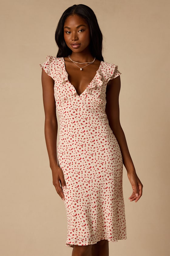 Primrose Cream Ditsy Floral Ruffled Midi Dress