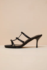 Millie Black Satin Strappy Bow High Heel Slide Sandals