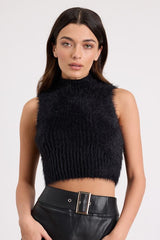 Nadene Black Eyelash Knit Mock Neck Sweater Top