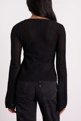 Freesia Black Pointelle Knit Button-Front Cardigan