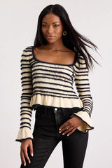 Steffy Cream and Black Fuzzy Striped Ruffled Sweater Top