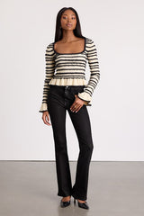 Steffy Cream and Black Fuzzy Striped Ruffled Sweater Top