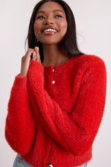 Arinda Red Eyelash Knit Button-Up Cardigan
