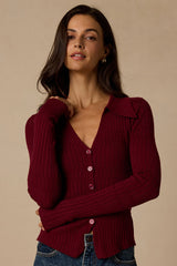 Ashley Wine Red Ribbed Collared Sweater Knit Top