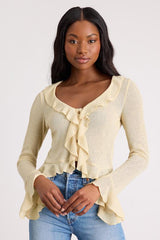 Casley Light Yellow Ruffled Button-Front Sweater Knit Top