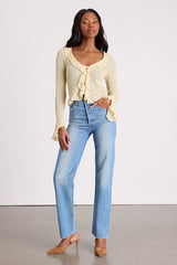Casley Light Yellow Ruffled Button-Front Sweater Knit Top