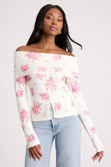 Prina Ivory Rose Print Off-the-Shoulder Sweater Top