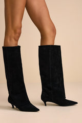Luca Black Suede Leather Slouchy Knee-High Kitten Heel Boots