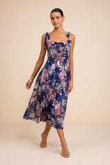 Jodia Navy Multi Floral Pleated Tie-Strap Midi Dress