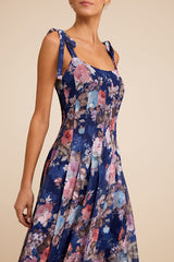 Jodia Navy Multi Floral Pleated Tie-Strap Midi Dress