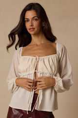 Lemmie Ivory Chiffon Tie-Front Long Sleeve Top