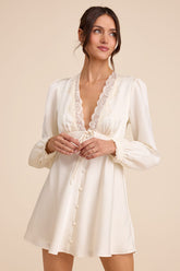 Goldia Ivory Satin Long Sleeve Babydoll Mini Dress