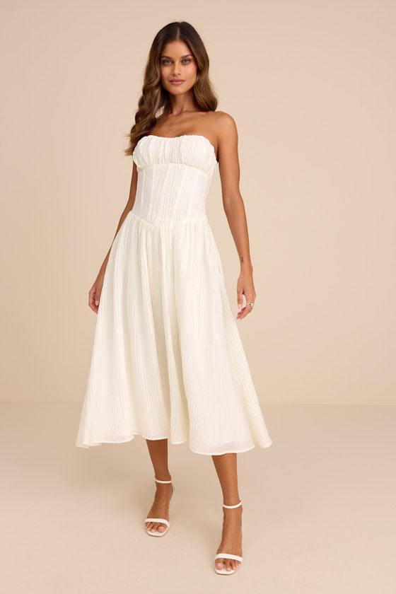 Aspen Ivory Plisse Strapless Bustier Midi Dress