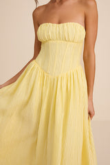Aspen Pale Yellow Plisse Strapless Bustier Midi Dress