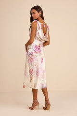 Zoella Ivory Floral Satin Tie-Strap Midi Dress