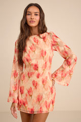 Jaleen Peach Floral Jacquard Bell Sleeve Mini Dress