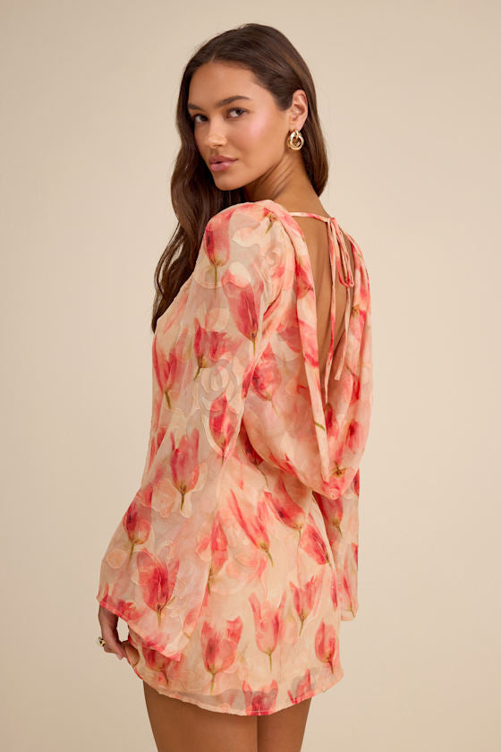 Jaleen Peach Floral Jacquard Bell Sleeve Mini Dress