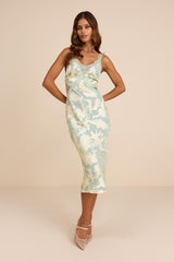 Mariposa Sage Floral Satin Lace Slip Midi Dress