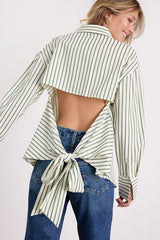 Logan Ivory and Green Striped Cutout Button-Up Long Sleeve Top