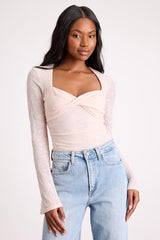 Emada Blush Textured Twist-Front Long Sleeve Top