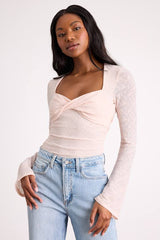 Emada Blush Textured Twist-Front Long Sleeve Top