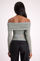 Good Times Sage Mesh Off-the-Shoulder Long Sleeve Top
