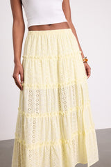 Cherish Light Yellow Eyelet Embroidered Tiered Maxi Skirt