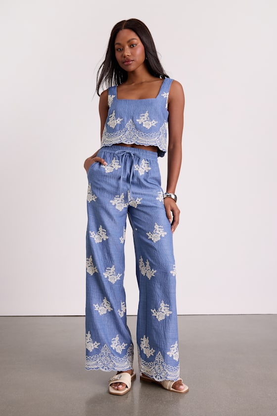Havana Blue Embroidered Drawstring Wide-Leg Pants