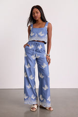 Havana Blue Embroidered Drawstring Wide-Leg Pants
