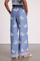 Havana Blue Embroidered Drawstring Wide-Leg Pants