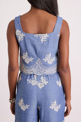 Havana Blue Embroidered Cropped Tank Top