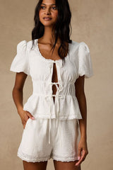 Delora White Eyelet Embroidered Tie-Front Top