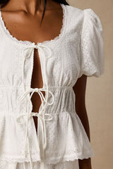Delora White Eyelet Embroidered Tie-Front Top