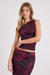 Camella Dark Plum Floral Mesh Asymmetrical Top