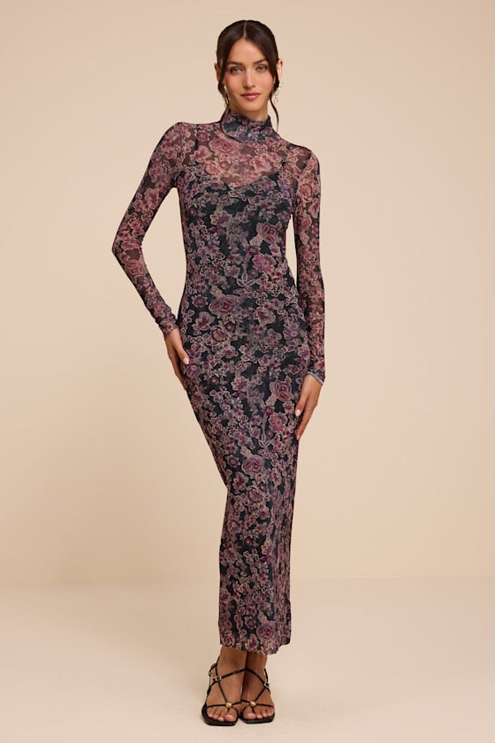 Milla Black and Purple Boho Floral Mesh Mock Neck Maxi Dress
