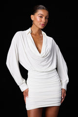 Solena White Jersey Knit Collared Bodycon Mini Dress