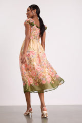 Celosia Peach Multi Floral Cap Sleeve Midi Dress