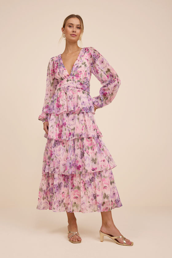Macy Blush Multi Floral Tiered Midi Dress