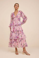 Macy Blush Multi Floral Tiered Midi Dress