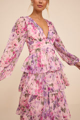 Macy Blush Multi Floral Tiered Midi Dress