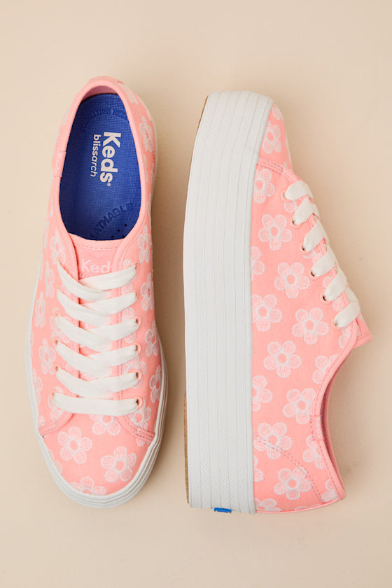 Triple Up Neon Coral Floral Embroidered Platform Sneakers