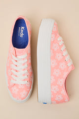 Triple Up Neon Coral Floral Embroidered Platform Sneakers
