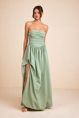 Marilou Sage Green Strapless Ruched Lace-Up Maxi Dress