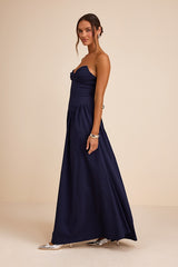 Almeria Navy Blue Strapless Lace-Up Maxi Dress