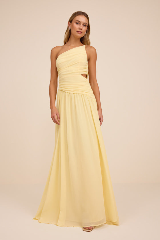 Marcela Pale Yellow Ruched One-Shoulder Maxi Dress